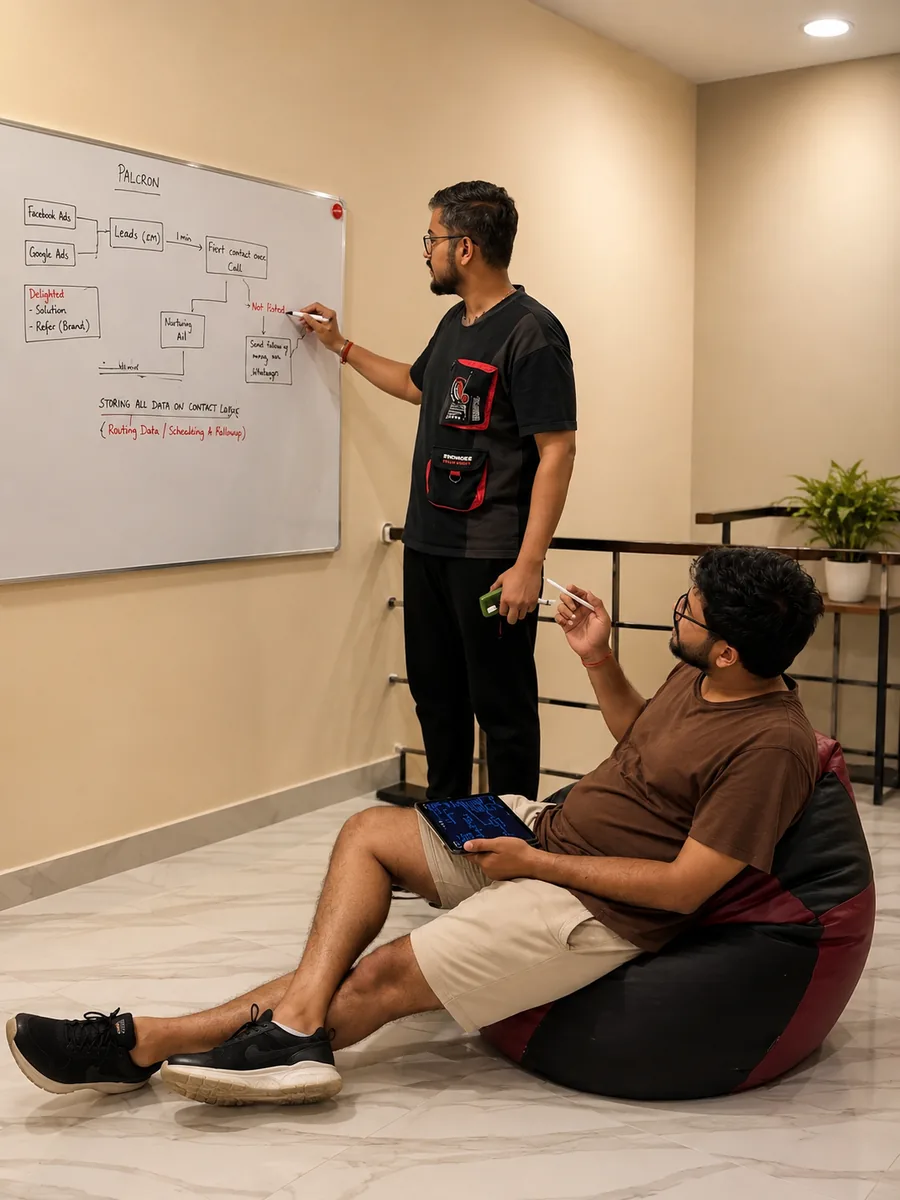 A process mapped out on a whiteboard, boxes and arrows in black and red.